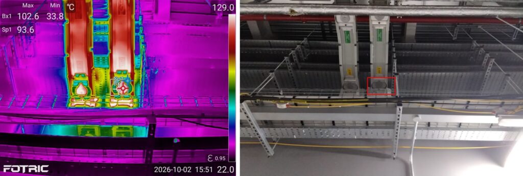 Busbar tap-off at 102.6°C during data centre commissioning load test, thermal and visual images