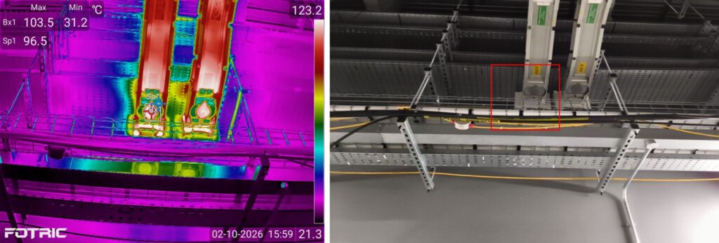 Busbar tap-off at 103.5°C during data centre commissioning load test, thermal and visual images